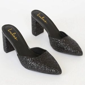 Lulu’s Black Glitter Pointed Toe Heeled Mules